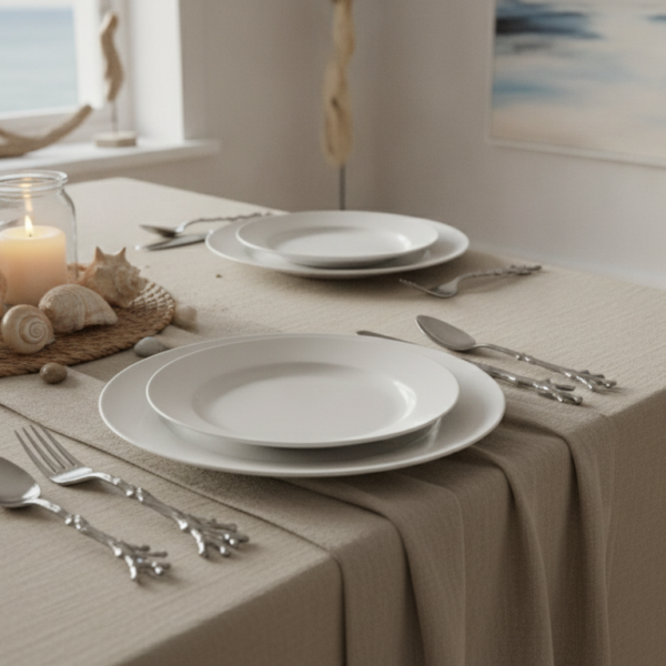 Mesa decorada con temática marina, cubiertos con forma de coral y conchas naturales