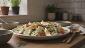 Ensalada de col y pepino con huevo duro y mayonesa servida en fuente