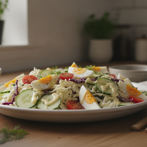 Ensalada de col y pepino con huevo duro y mayonesa servida en fuente