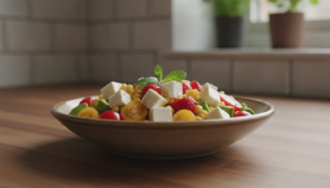 Ensalada de queso fresco con vinagreta de miel en bol de ceramica