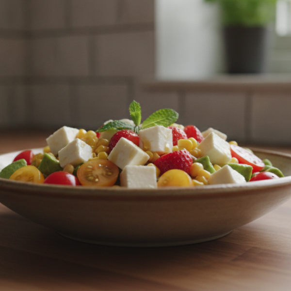 Ensalada de queso fresco con vinagreta de miel en bol de ceramica