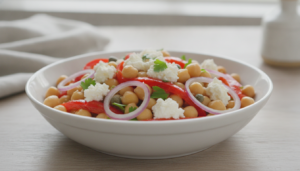 Ensalada de garbanzos con queso de cabra, pimientos asados y alcaparras