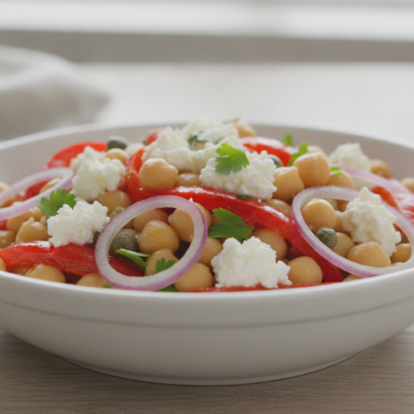 Ensalada de garbanzos con queso de cabra, pimientos asados y alcaparras