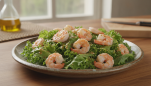 Ensalada de escarola con colas de gambas y vinagreta de jengibre