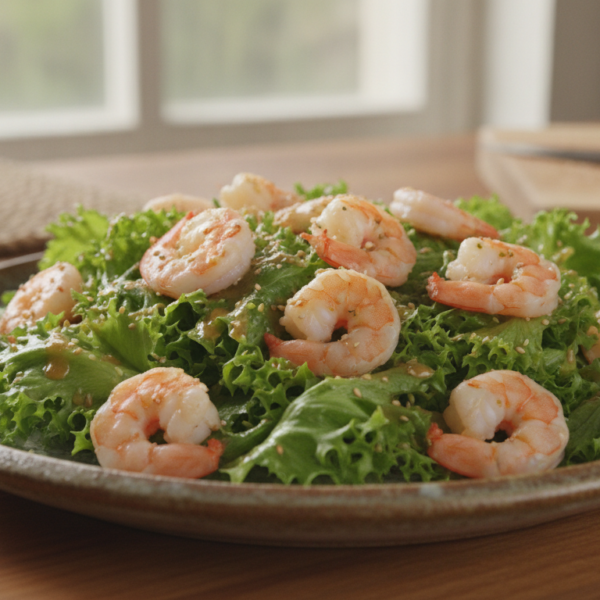 Ensalada de escarola con colas de gambas y vinagreta de jengibre