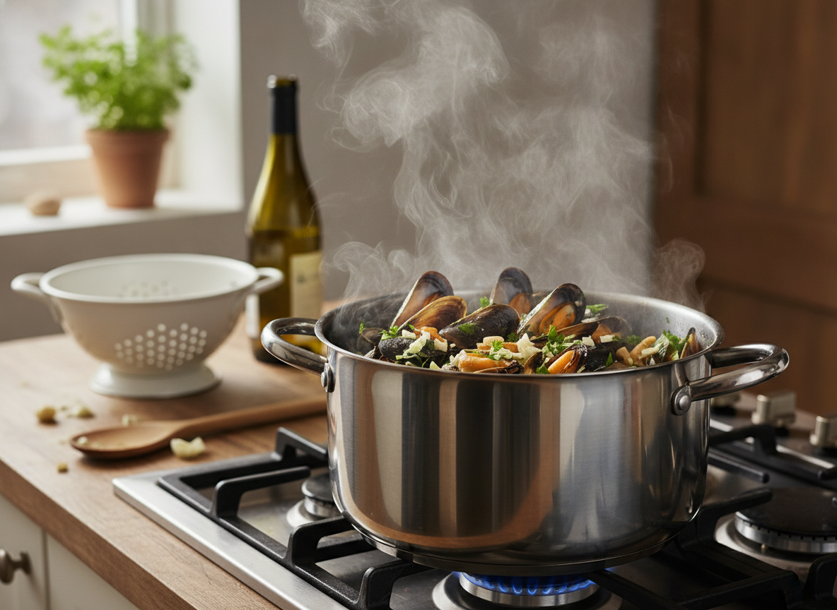 Mejillones abriéndose en la cazuela con vino blanco