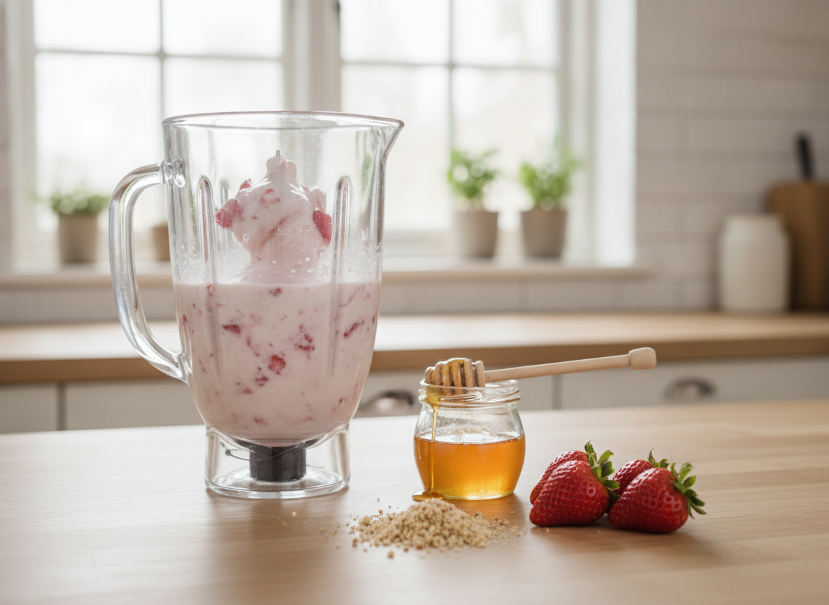 Triturando las fresas con leche y avellanas para el batido