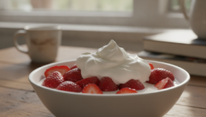 Fresas con nata en cuenco blanco