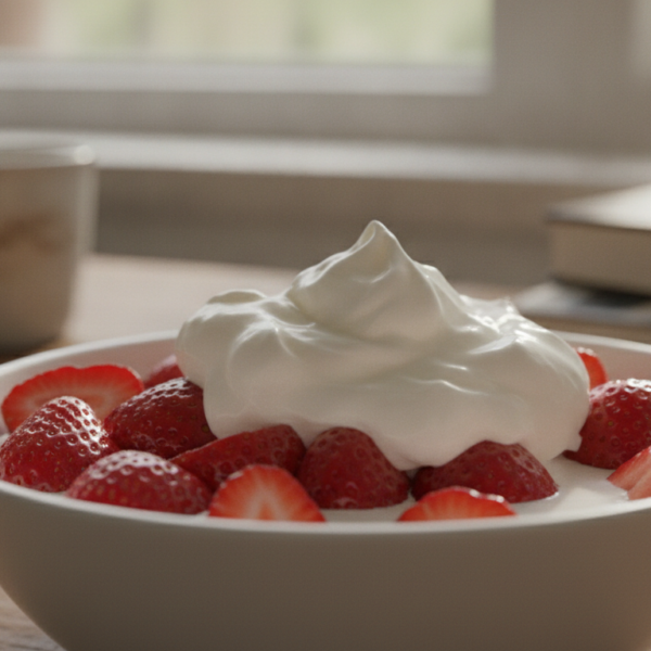Fresas con nata en cuenco blanco