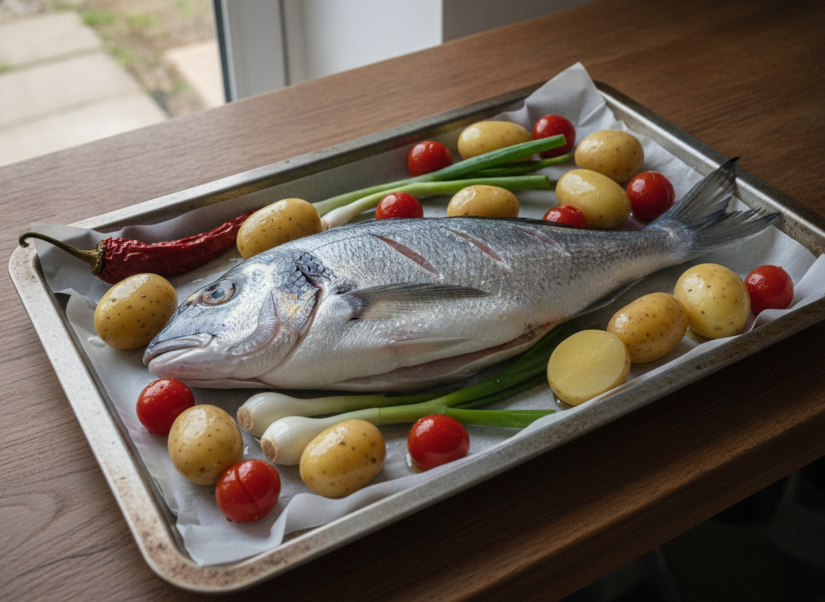 Besugo crudo colocado en la fuente con patatas y tomates antes de hornear