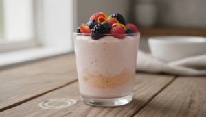 Mousse de fruta con textura ligera y fruta fresca por encima
