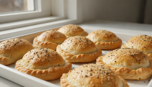 Empanadillas de algas con hojaldre doradas y semillas de sésamo recién salidas del horno