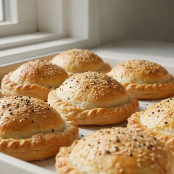 Empanadillas de algas con hojaldre doradas y semillas de sésamo recién salidas del horno