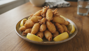 Chipirones fritos crujientes servidos con limón
