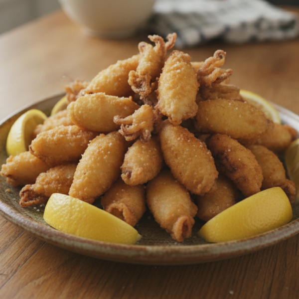 Chipirones fritos crujientes servidos con limón