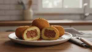 Bombas de carne recien fritas cortadas por la mitad mostrando el relleno de carne