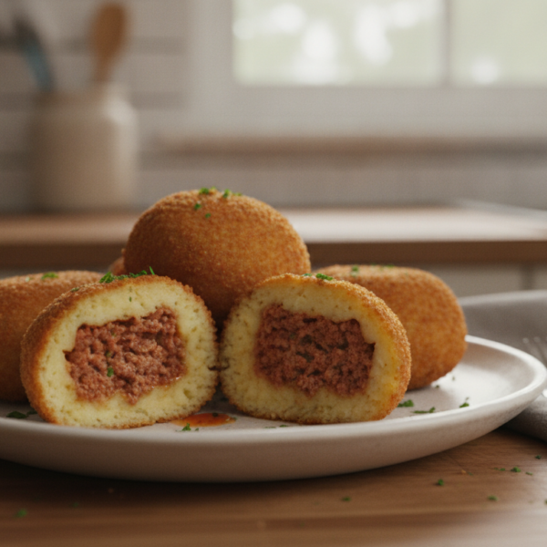 Bombas de carne recien fritas cortadas por la mitad mostrando el relleno de carne
