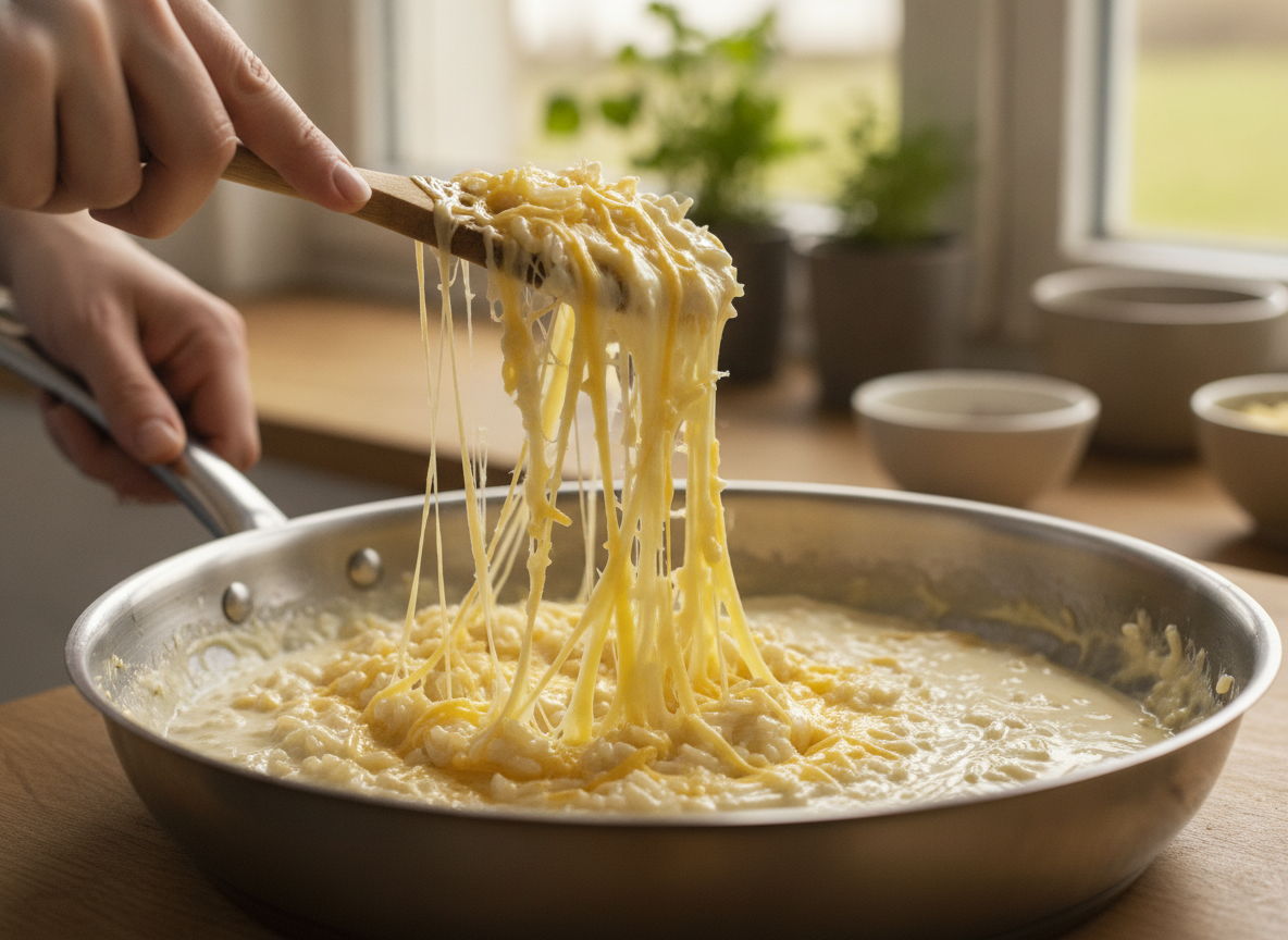 Añadiendo el queso rallado y la nata al arroz al cava