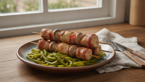 Brochetas de champiñones y pollo servidas con pimientos verdes fritos