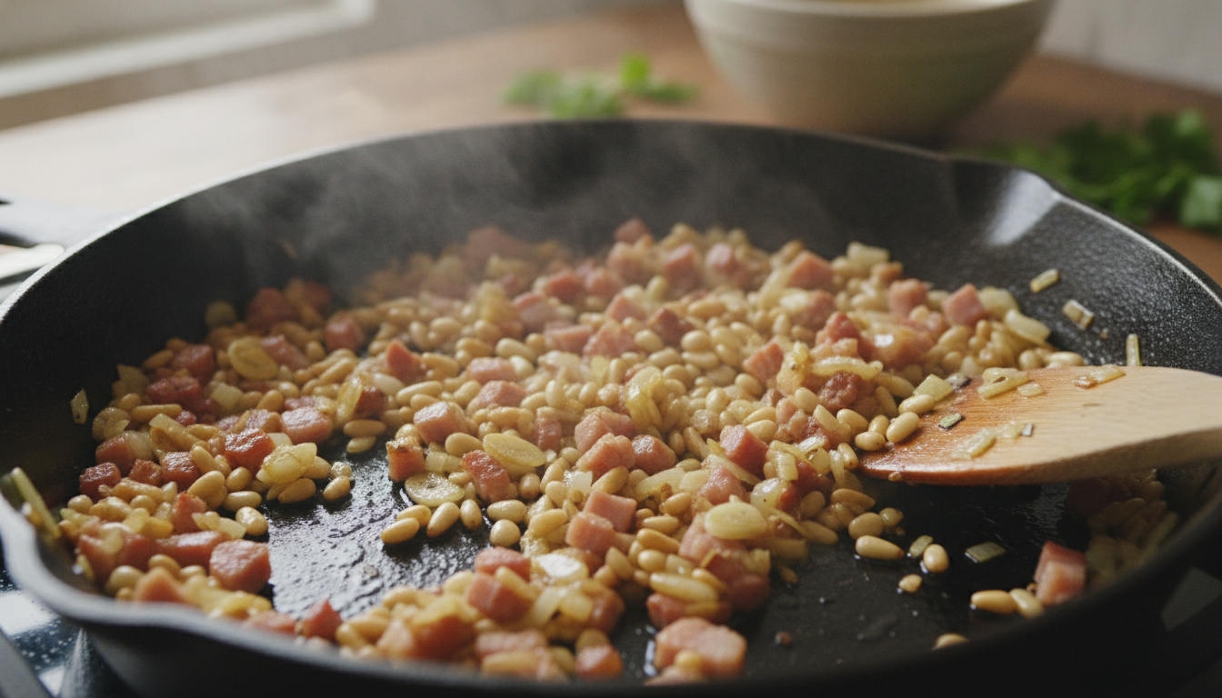 Champiñones rellenos de jamón y piñones: receta sencilla 1 Sofrito de jamón y piñones cocinando en sartén para el relleno de champiñones