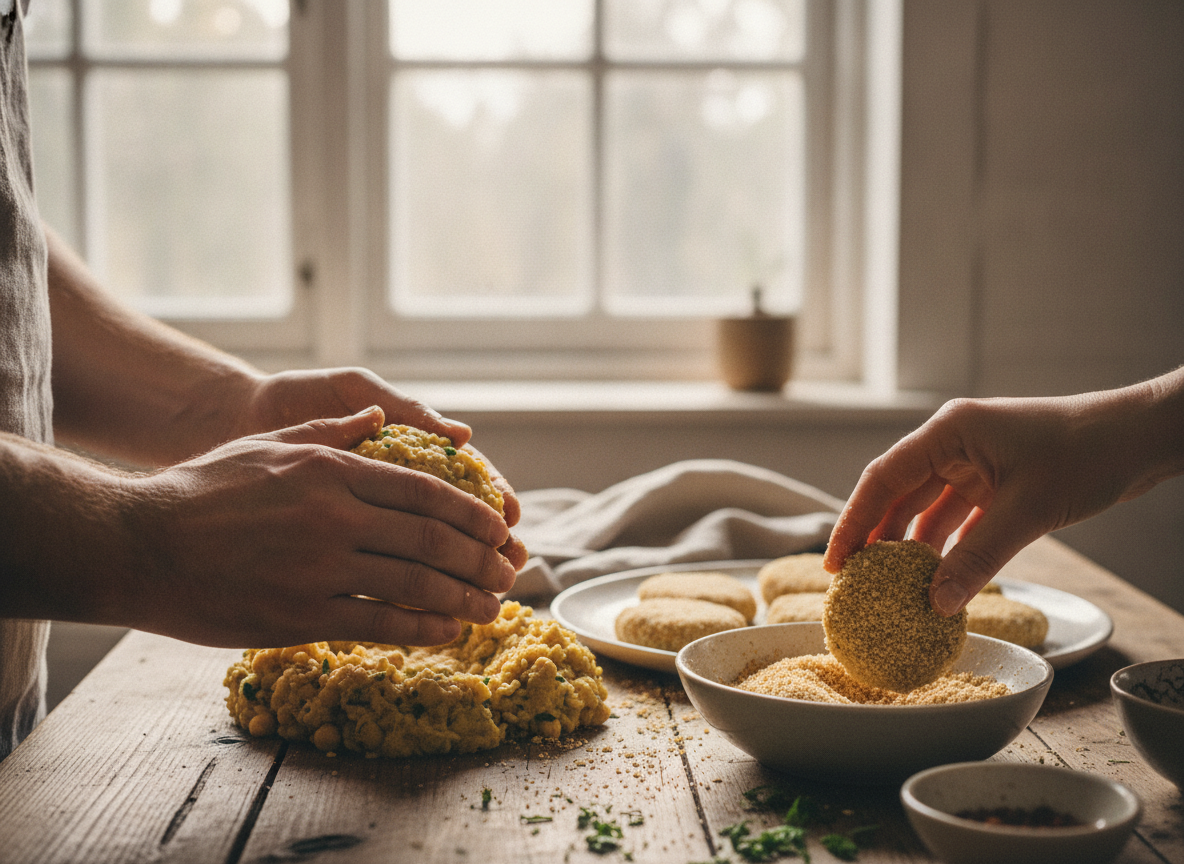 Formando las milanesas de arroz y garbanzos antes de rebozar