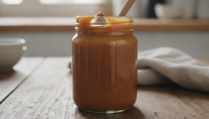 Dulce de leche casero en tarro de cristal con cuchara de madera