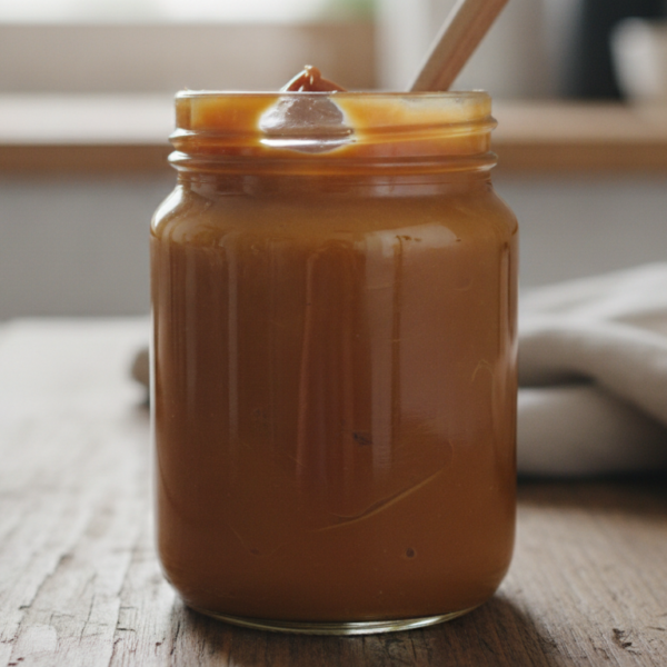 Dulce de leche casero en tarro de cristal con cuchara de madera