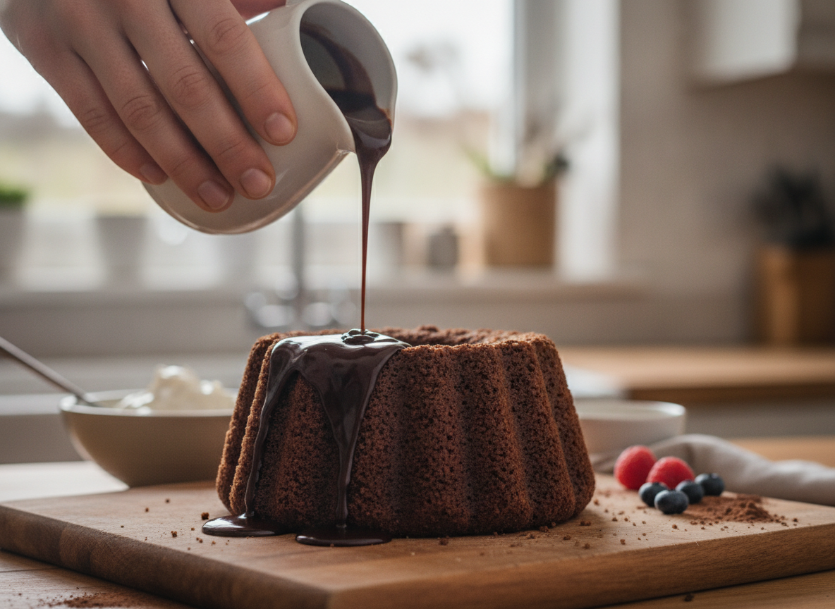 Sirviendo la salsa de chocolate caliente sobre el postre desmoldado
