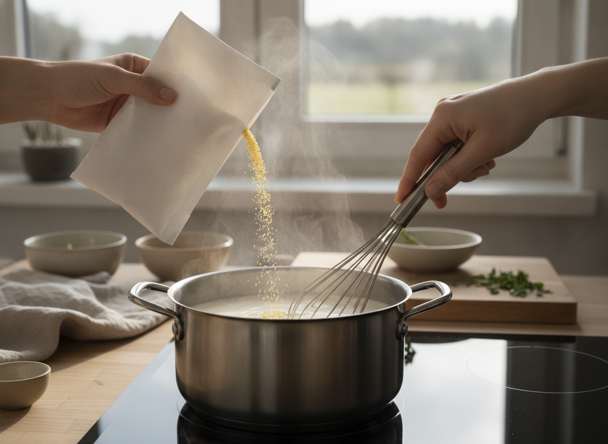 Añadiendo la polenta en lluvia sobre la leche caliente