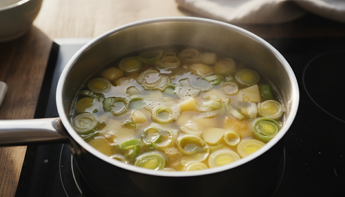 Vichyssoise: la crema fría de puerro y patata 1 Puerros y patatas cociéndose en caldo de pollo para la vichyssoise