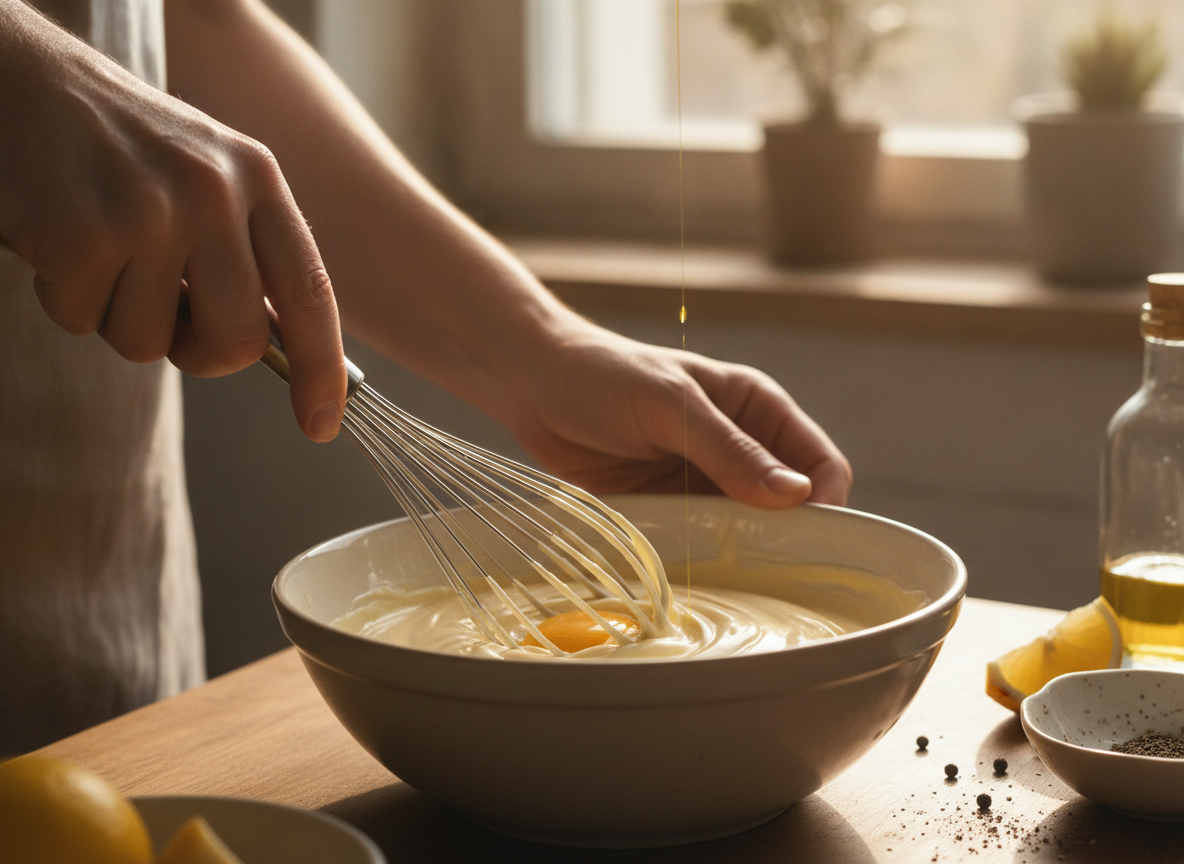 Montando la mahonesa con aceite de oliva y yema de huevo