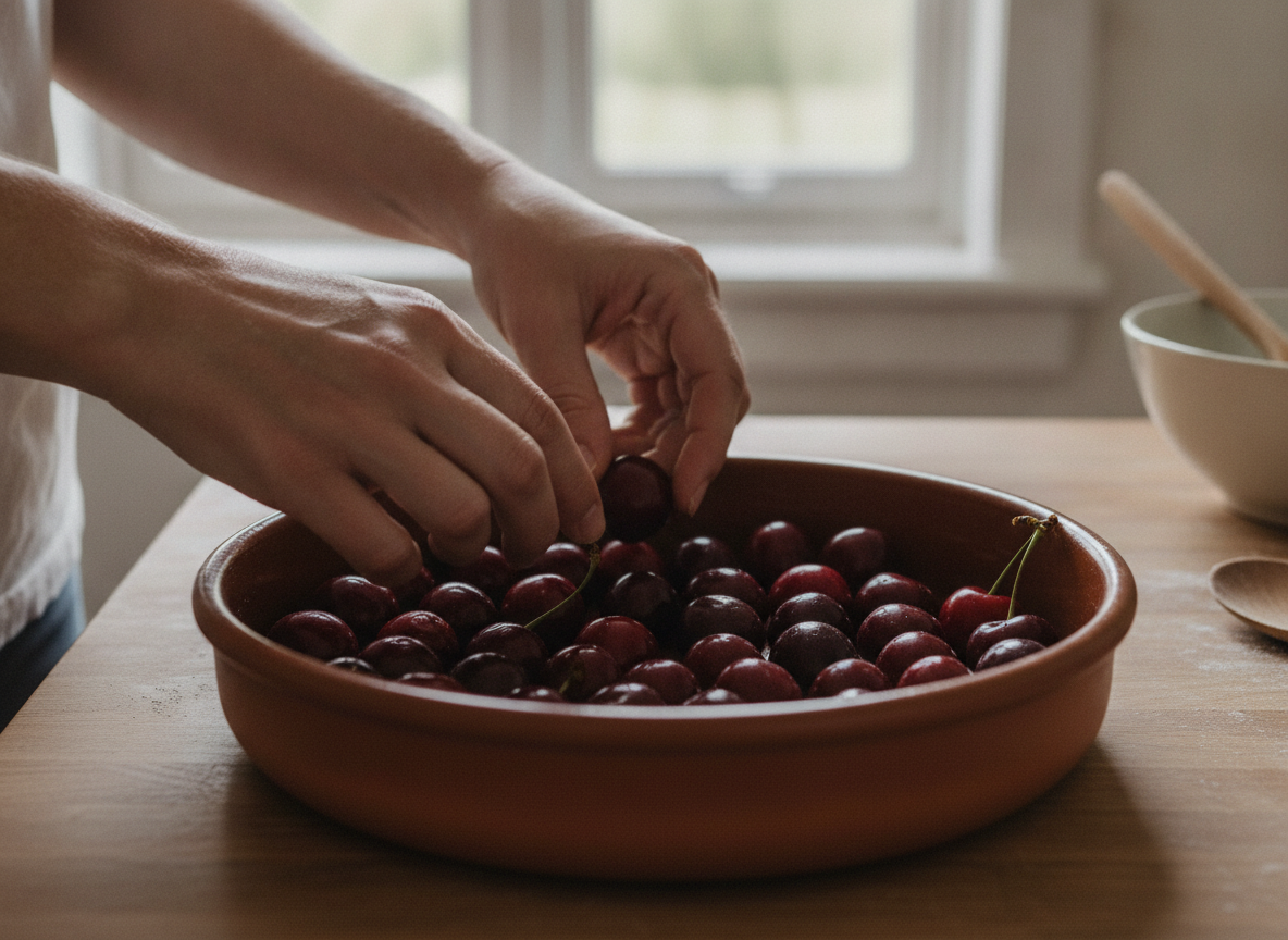 Clafoutis de cereza tradicional a la francesa 1 Colocando las cerezas con hueso en el molde antes de la masa