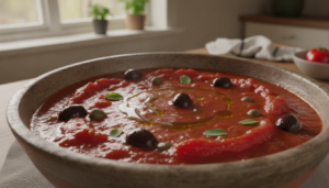 Salsa de anchoas con tomate, aceitunas negras y alcáparras en cuenco rústico