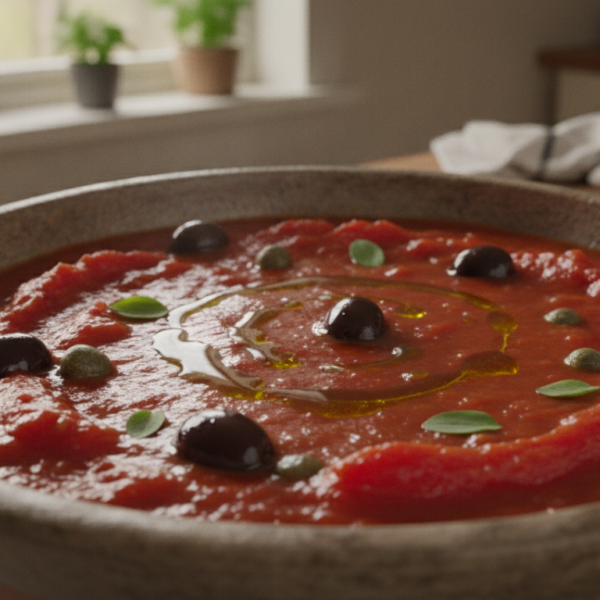 Salsa de anchoas con tomate, aceitunas negras y alcáparras en cuenco rústico