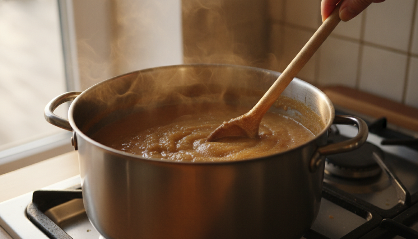 Dulce de leche casero: cómo hacerlo paso a paso 1 Mezcla de leche y azúcar reduciendo en cazuela al fuego para hacer dulce de leche