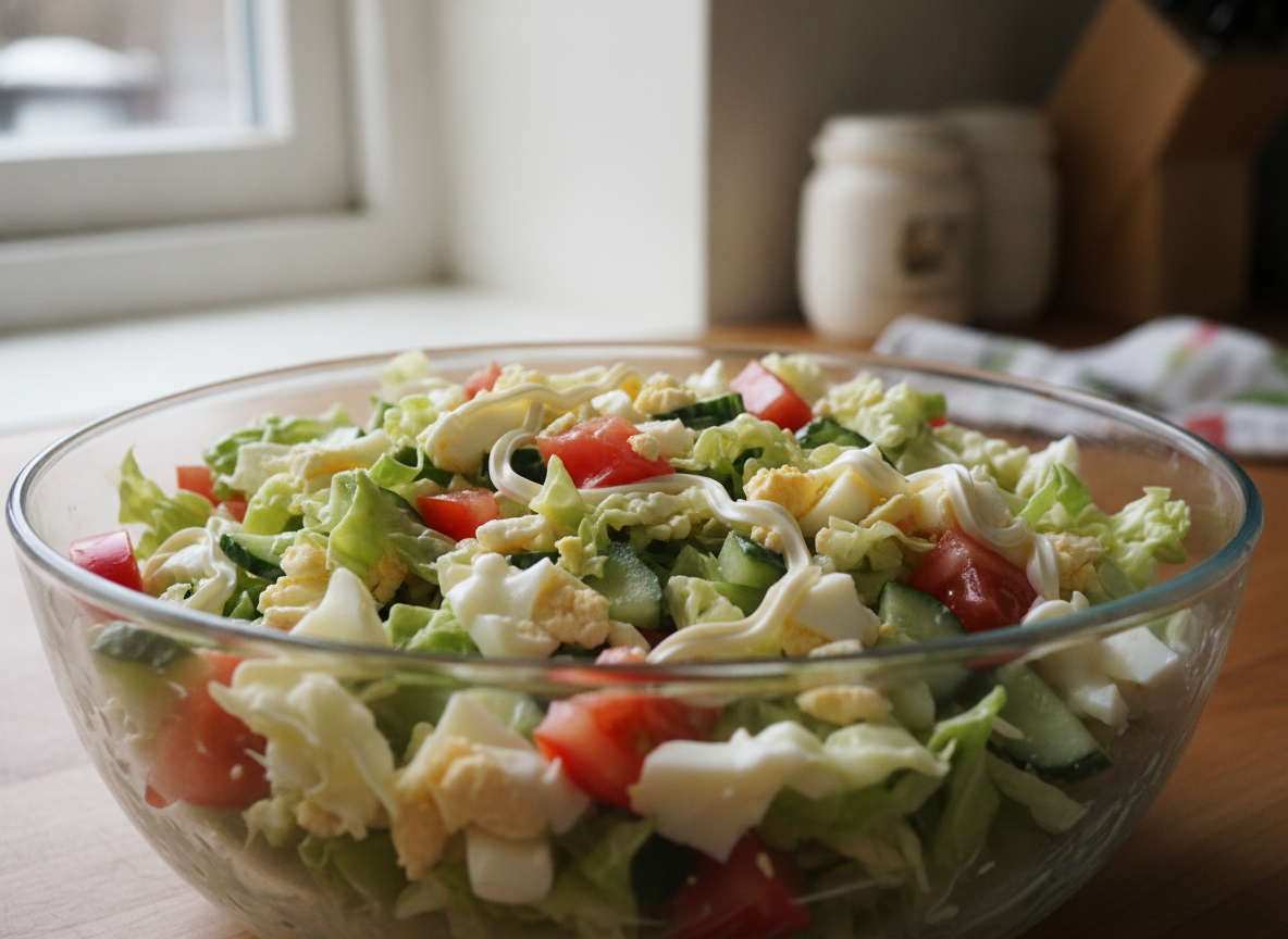 Ensalada de col y pepino con huevo duro y mayonesa 2 Mezclando la ensalada de col y pepino con mayonesa en un bol grande