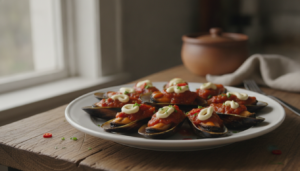Mejillones con tomate y mayonesa servidos en una fuente