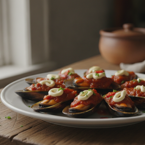 Mejillones con tomate y mayonesa servidos en una fuente