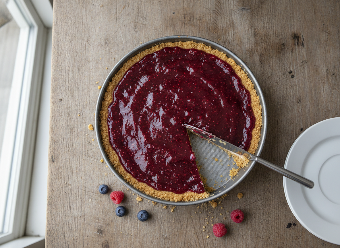 Tarta fría de yogur terminada con cobertura de mermelada de frutos rojos
