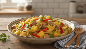 Ensalada de pasta y piña recién preparada