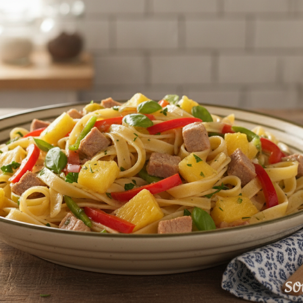 Ensalada de pasta y piña recién preparada