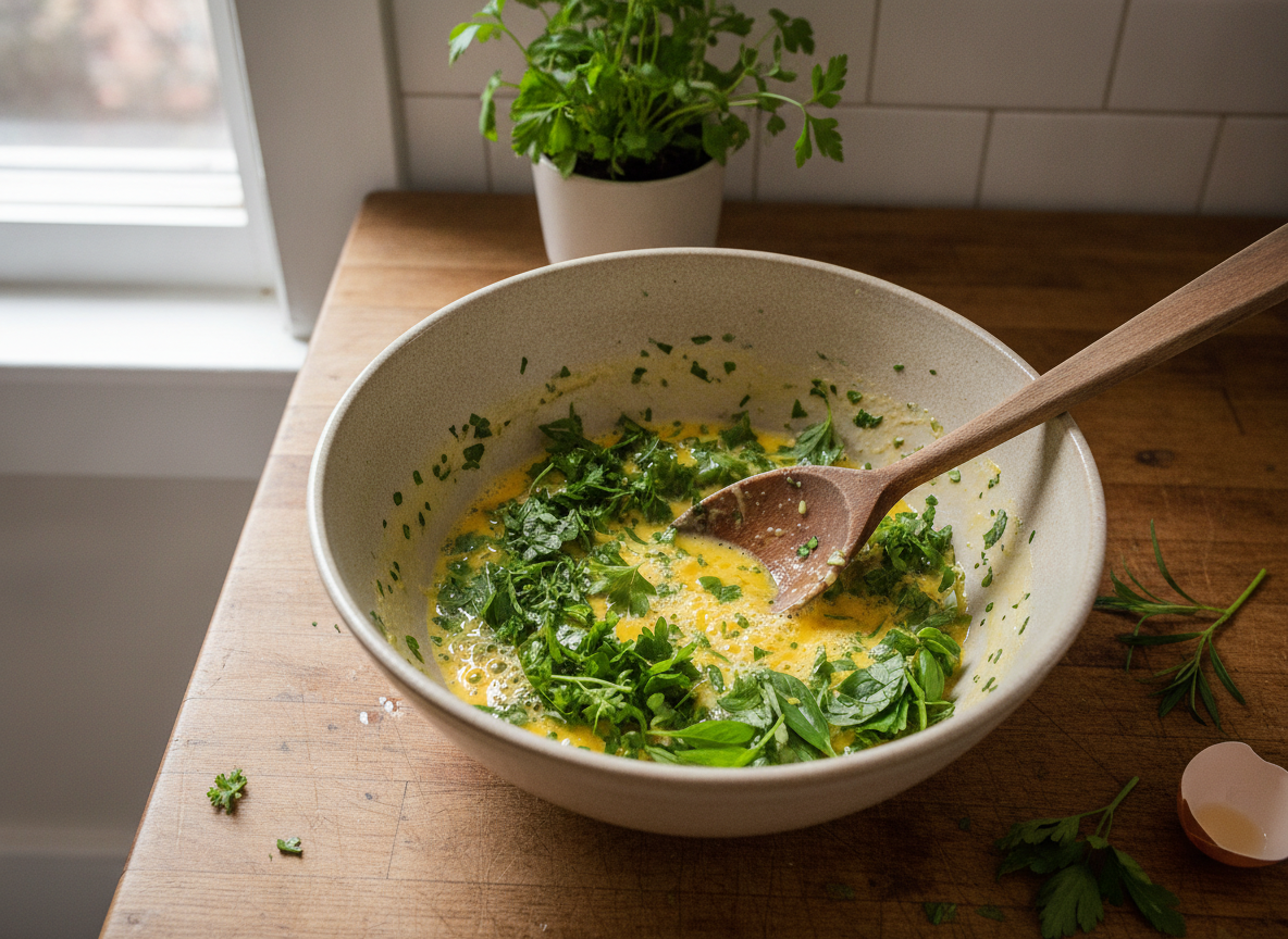 Tortilla verde de hierbas aromáticas: receta fácil 1 Huevos batidos con hierbas aromáticas picadas para la tortilla verde