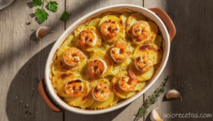 Souflé de patatas con gambas al ali-oli recién horneado