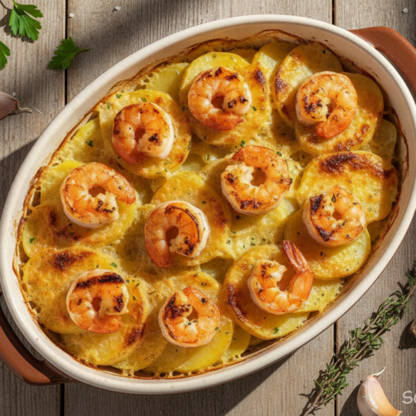 Souflé de patatas con gambas al ali-oli recién horneado