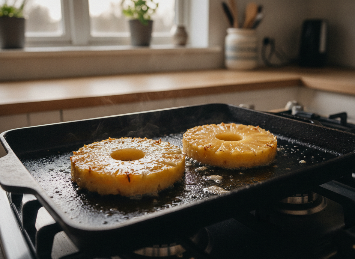 Arroz con leche y piña a la plancha: postre cremoso y original 1 Rodajas de piña dorándose en la plancha