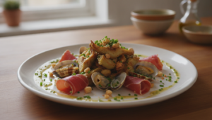 Alcachofas fritas con berberechos, jamón y vinagreta de pan