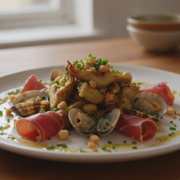 Alcachofas fritas con berberechos, jamón y vinagreta de pan