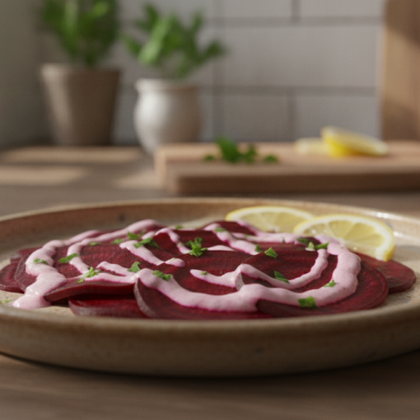 Remolacha a la crema servida en plato con perejil y limón
