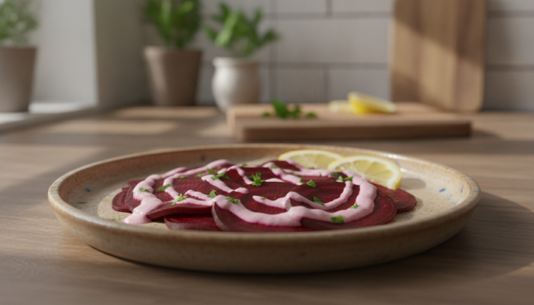 Remolacha a la crema servida en plato con perejil y limón
