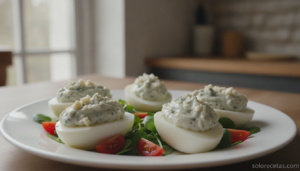 Huevos rellenos al roquefort emplatados con berros
